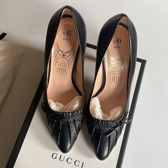 GUCCI Black Nappa Charlotte Bow Top Leather Pump High Heels - Picture 4 of 12